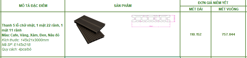 Báo giá sàn gỗ nhựa ngoài trời Gafa 5 lỗ chữ nhật, kích thước 145x21